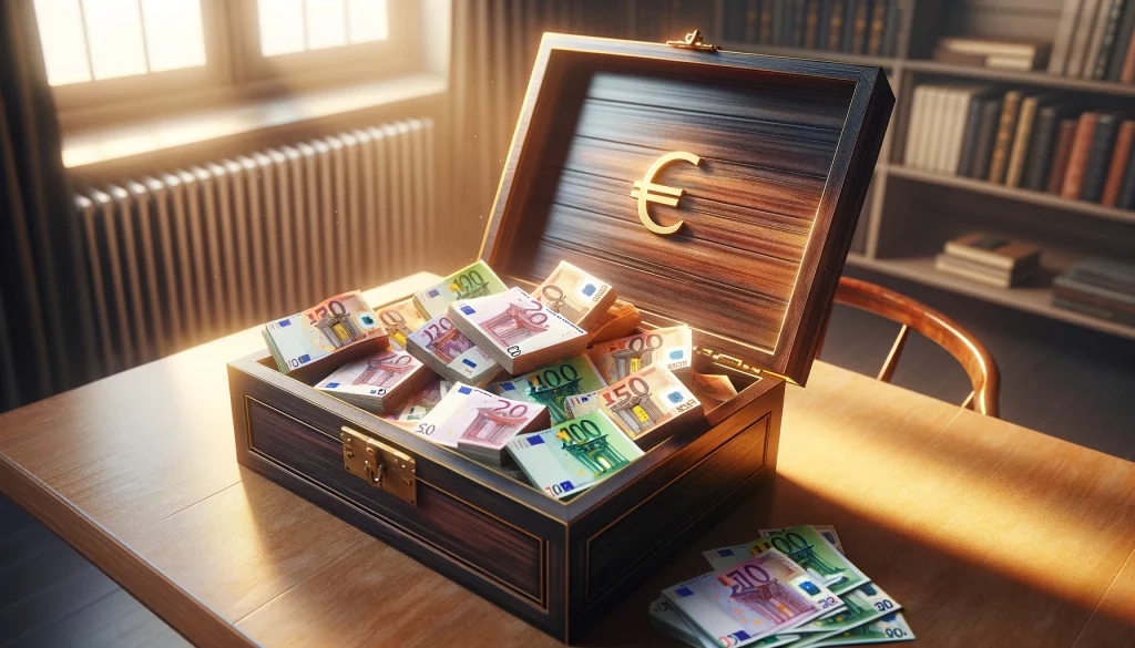 DALL·E 2024 03 02 23.53.34 Create a wide image in a 16 9 aspect ratio depicting an open box on a table filled exclusively with Euro banknotes. The scene should be set in a roo