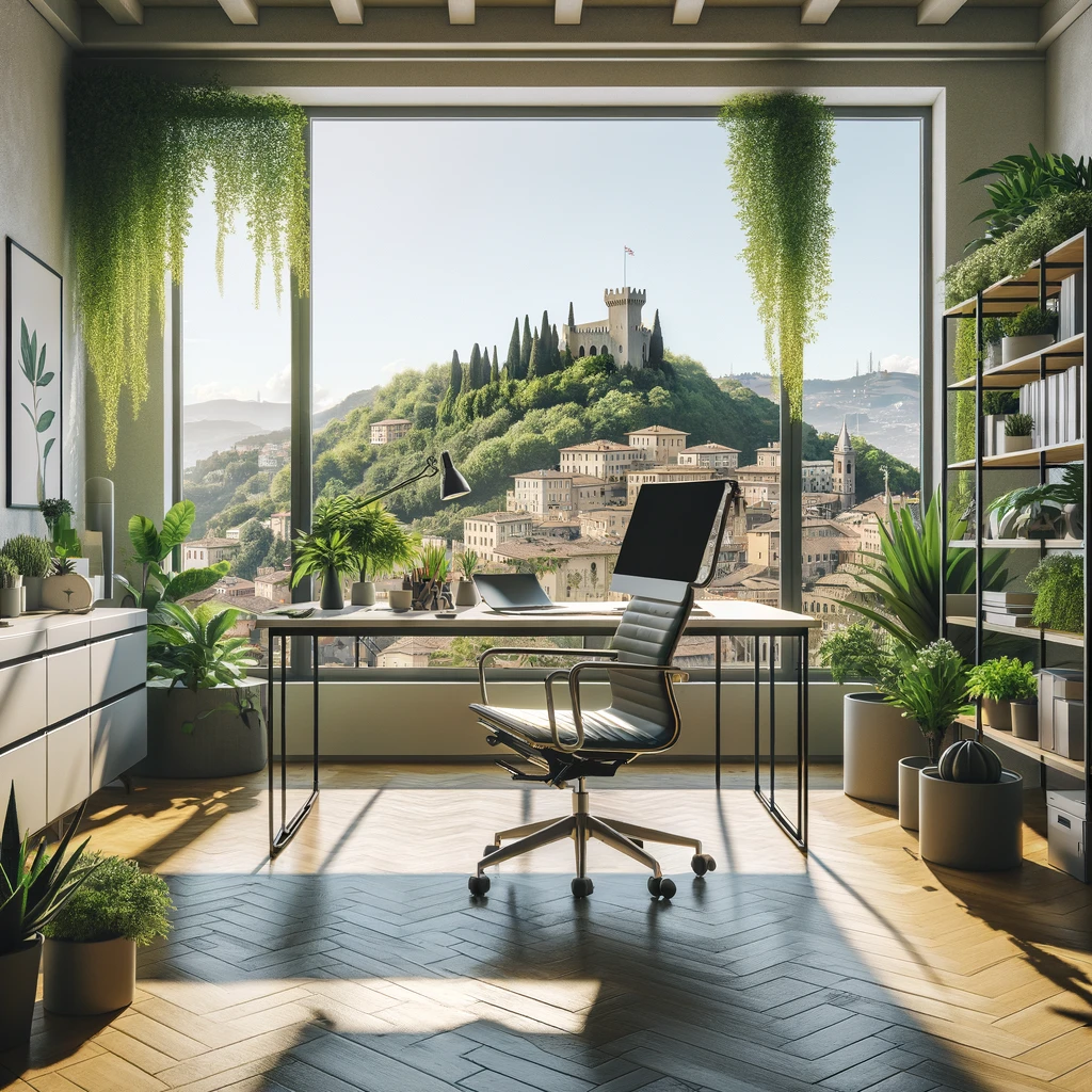 DALL·E 2024 03 04 23.13.04 An office surrounded by lush plants with a view of San Marino in the background. The scene captures a modern workspace with a sleek desk ergonomic ch