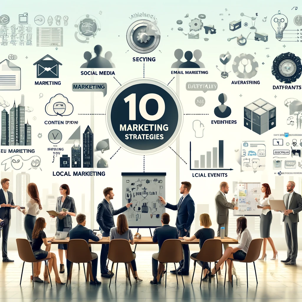 DALL·E 2024 06 06 14.22.39 A visually appealing image for a marketing agency article about 10 Marketing Strategies for Small Businesses. The image should feature a modern offi