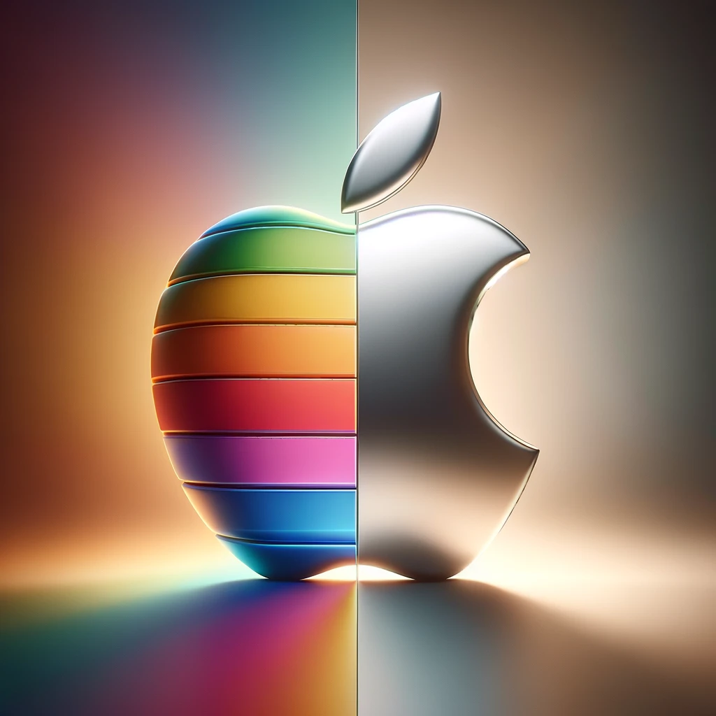 DALL·E 2024 06 06 15.15.27 A split image of the Apple logo with one half representing the old rainbow colored Apple logo and the other half showing the modern sleek and mini