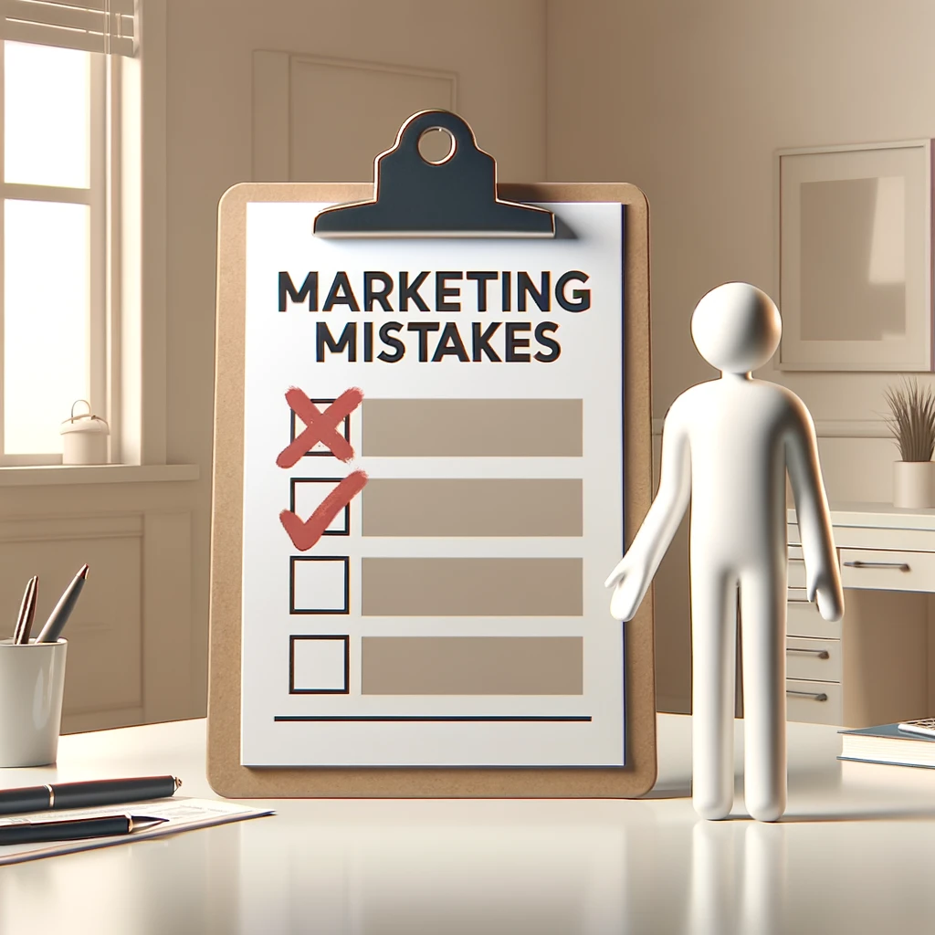 DALL·E 2024 06 06 17.14.38 A minimalistic image representing a marketing agency and the concept of avoiding mistakes. The scene features a clean modern office setting with a fe