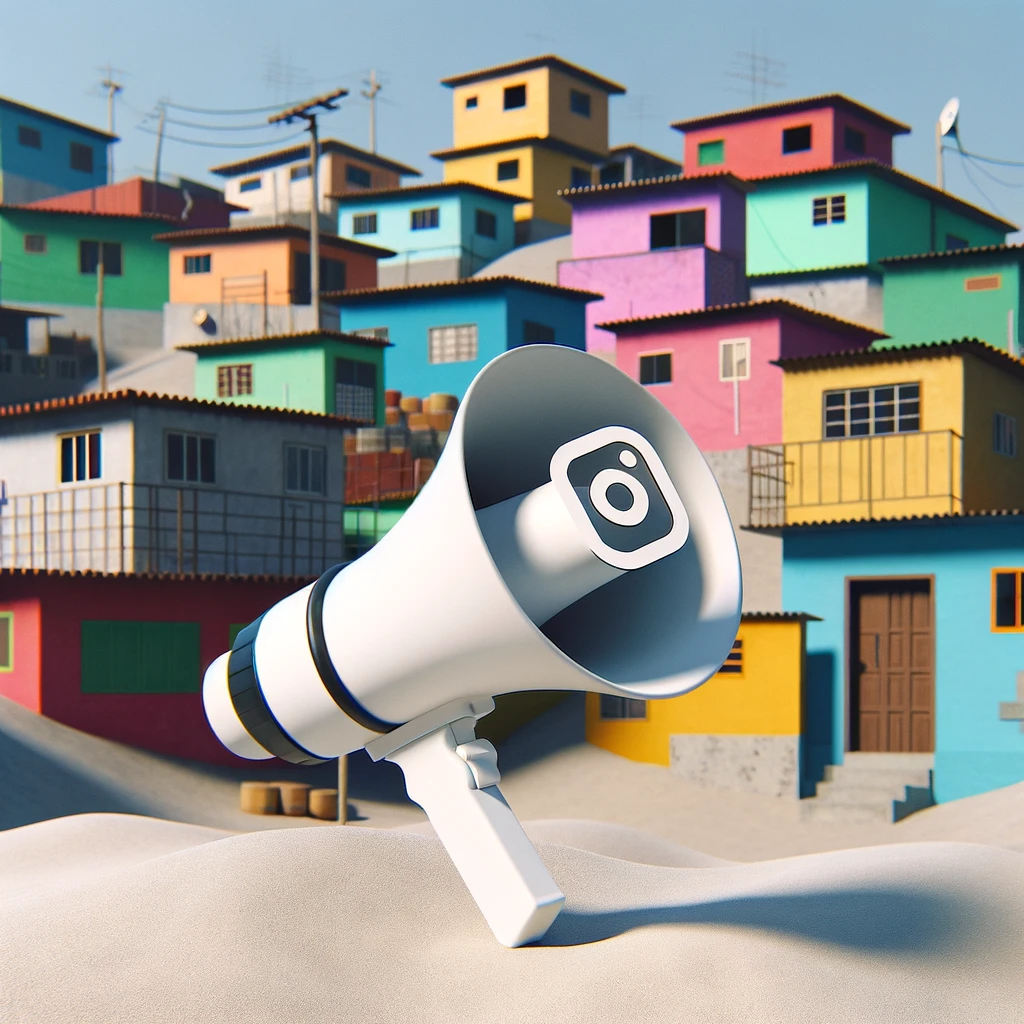 DALL·E 2024 06 06 17.46.45 A minimalistic image featuring a megaphone with the Instagram logo set in a favela. The scene should capture the essence of a favela with simple col