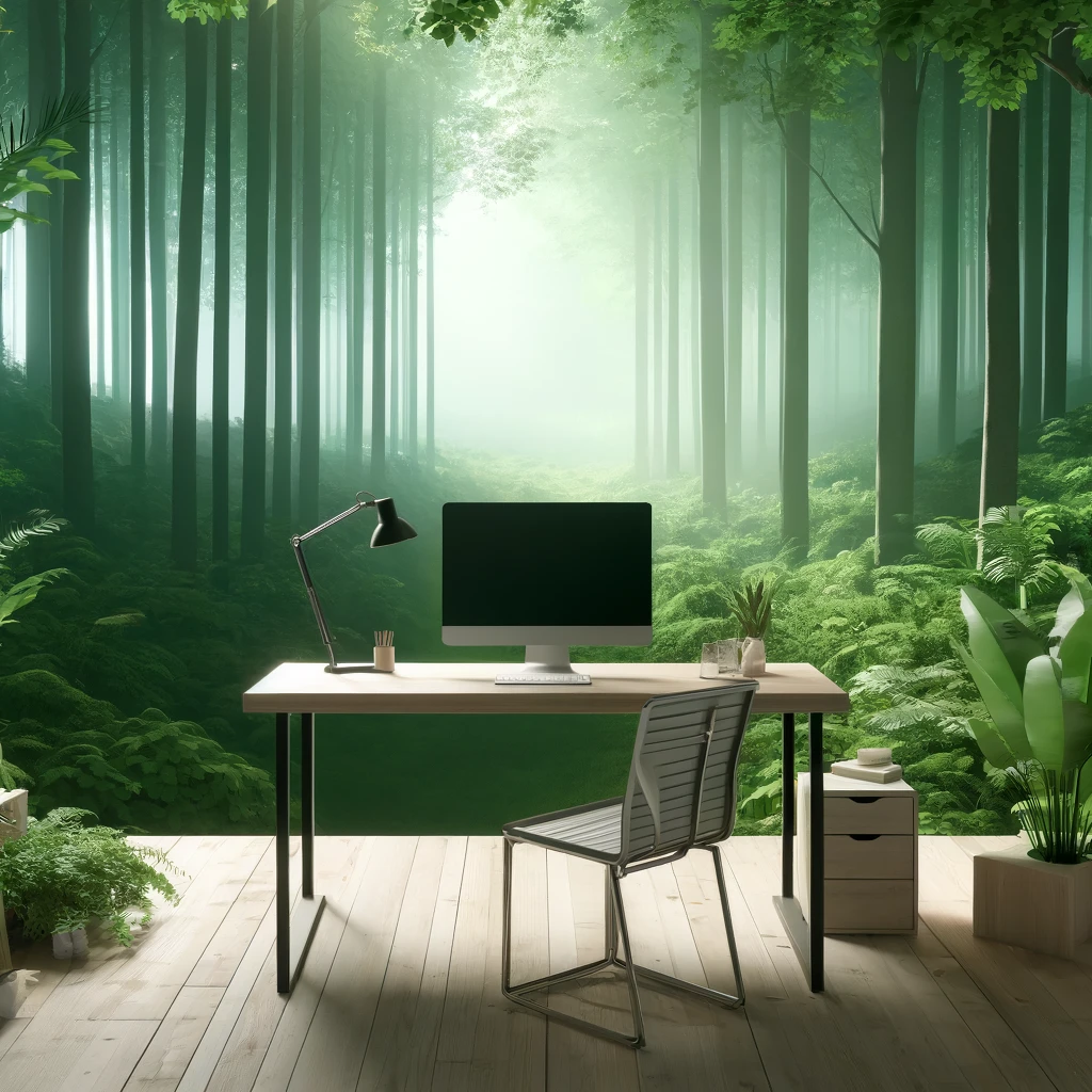 DALL·E 2024 06 07 12.07.59 A minimalistic image featuring a desk with a computer set up in the middle of a lush green forest. The scene should combine the natural beauty of the