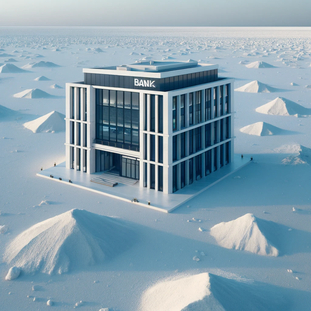 DALL·E 2024 06 07 13.00.11 A detailed image of a modern bank building situated in the middle of a salt desert. The scene should capture the contrast between the sleek contempor