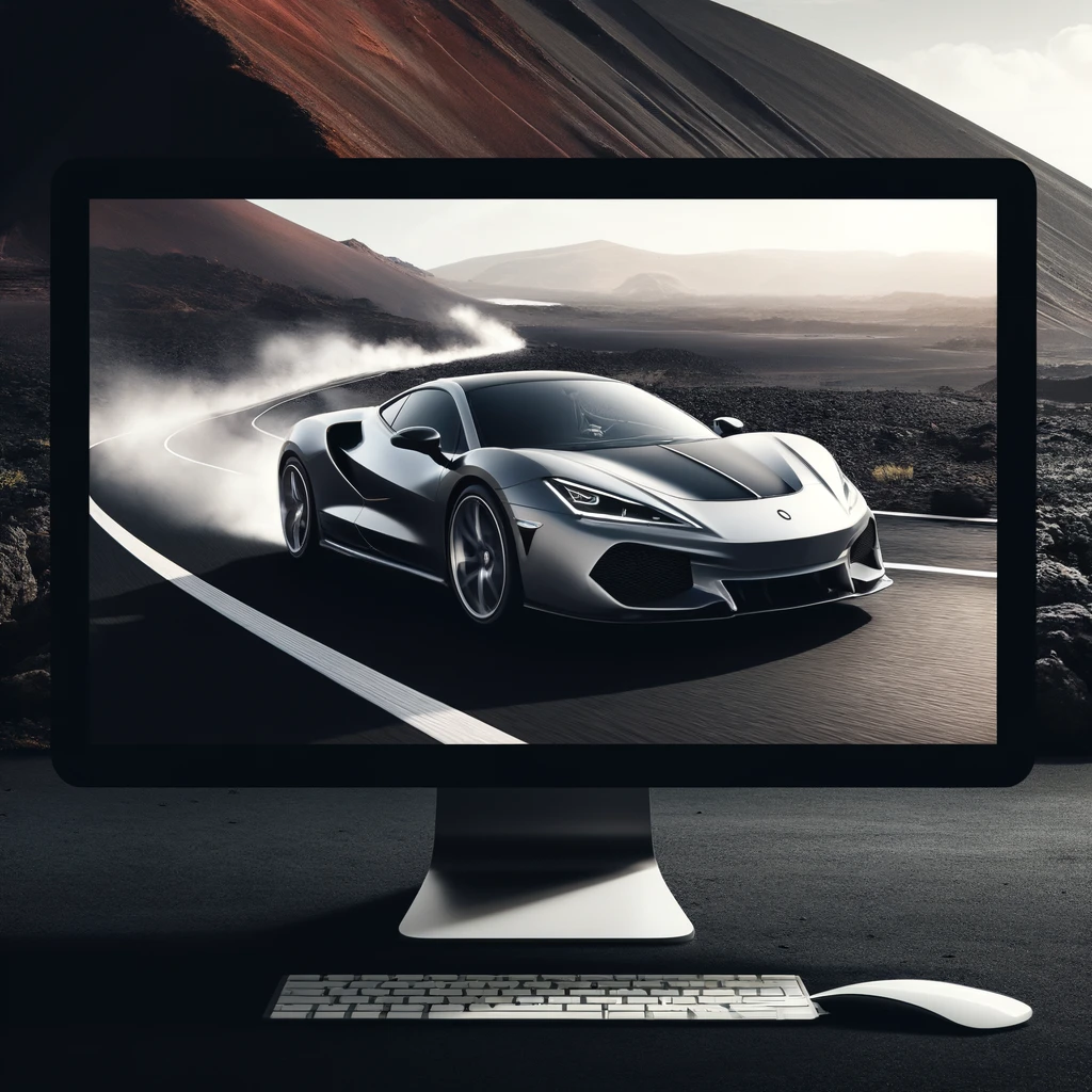 DALL·E 2024 06 10 14.24.21 A luxury sports car speeding on a black road in a landscape similar to Lanzarote. The image should be displayed on the screen of a computer as if it