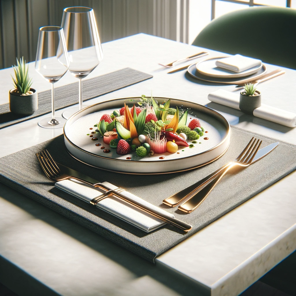 DALL·E 2024 06 11 16.56.14 A realistic and beautiful image of a gourmet restaurant dish on a minimally set table. The dish should be elegantly presented with vibrant colors and