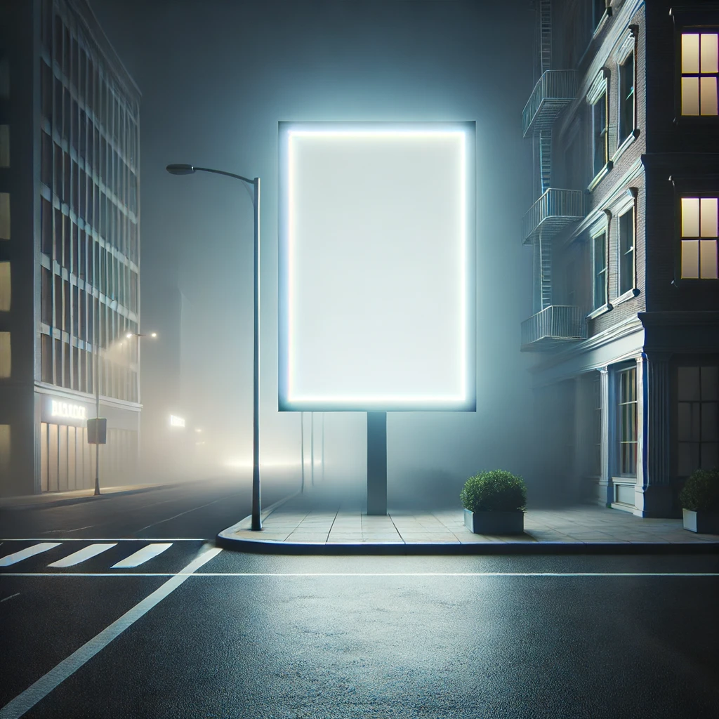 DALL·E 2024 06 14 12.21.12 A minimalistic and conceptual image featuring a larger bright neon sign standing prominently in a quiet foggy urban street at night. The scene should