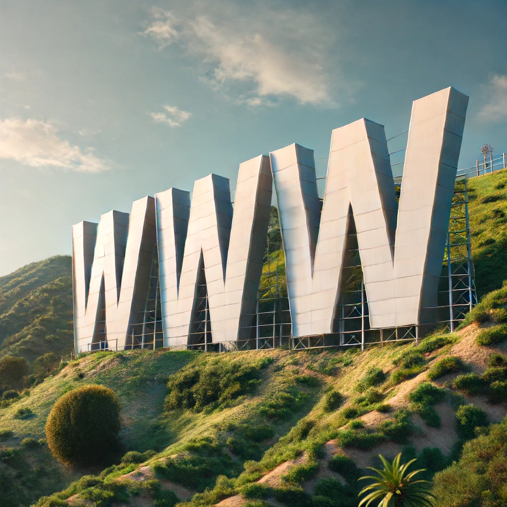 DALL·E 2024 06 15 11.38.49 A realistic and creative image depicting a giant WWW sign styled like the iconic Hollywood sign positioned on a hillside. The letters should be la