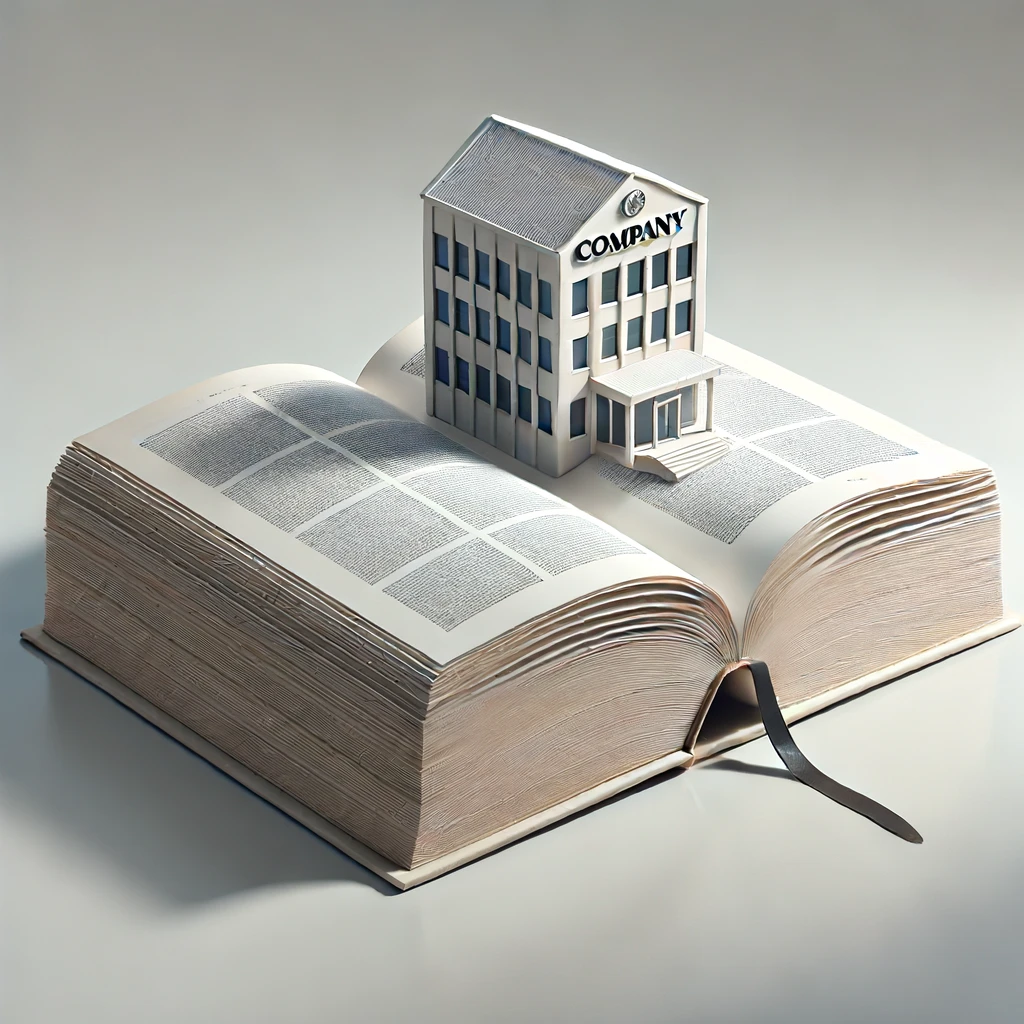 DALL·E 2024 06 15 12.49.44 A minimalistic and realistic image featuring a giant open book placed on a flat surface. On top of the open pages there is a small company building