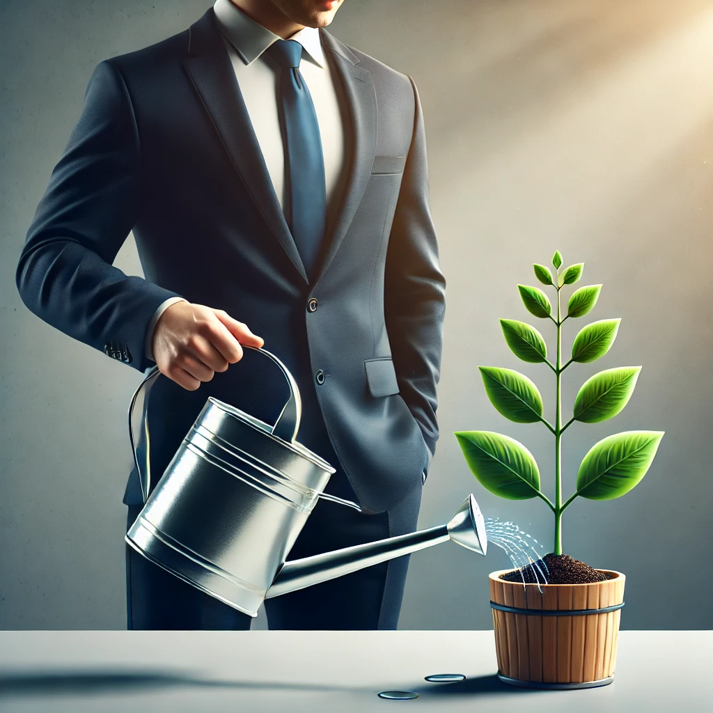 DALL·E 2024 06 20 21.40.48 A realistic image of a man in a suit and tie watering a small plant with a watering can. The plant represents the future symbolizing growth and nurtu